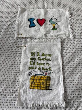 Vintage Hallmark Golf Towels, set of 2, white w/ graphics, hanging hook,17.5x11”